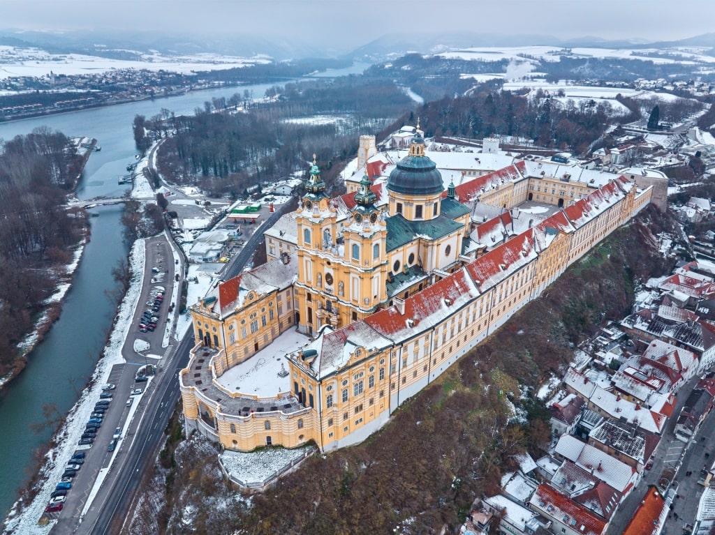 Aerial view of Melk Abbey in Austria during winter