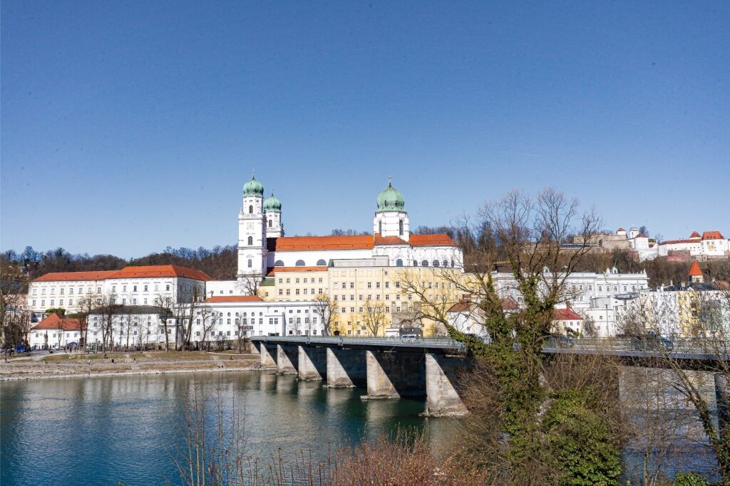 Winter cityscape of Passau, Germany featuring St. Stephen’s Cathedral