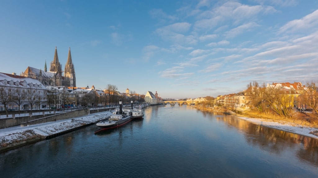 Scenic view of the Danube River flowing through Regensburg, Germany