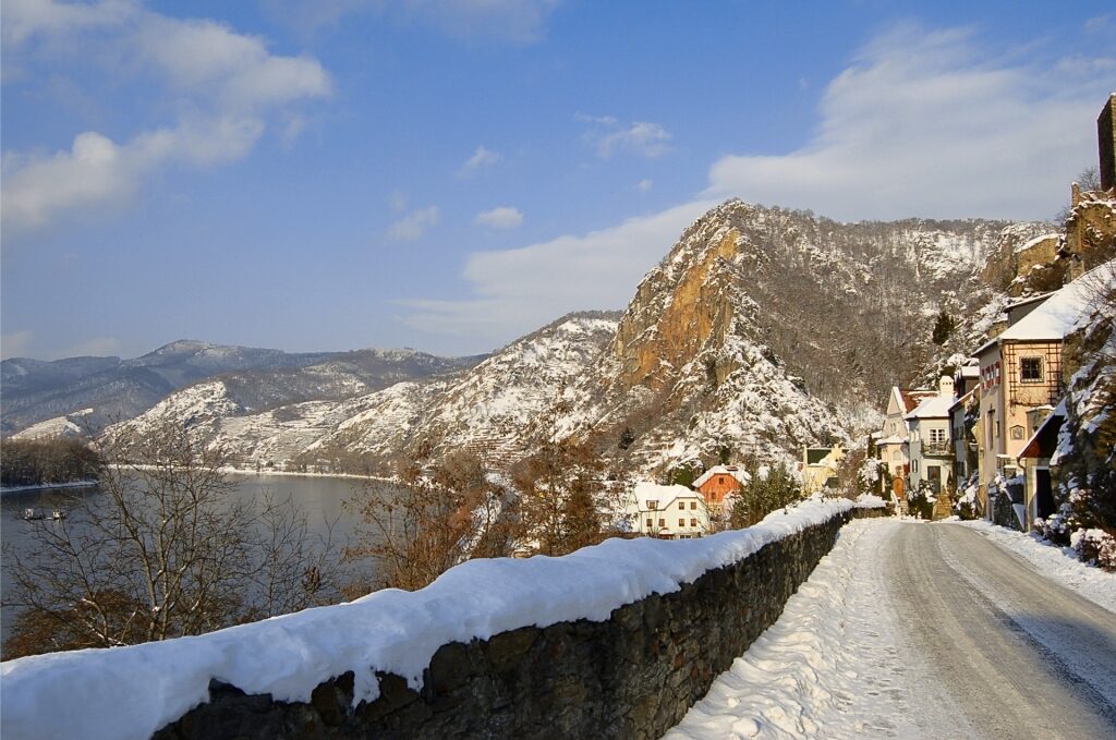Snow-covered town of Dürnstein in the scenic Wachau Valley, Austria
