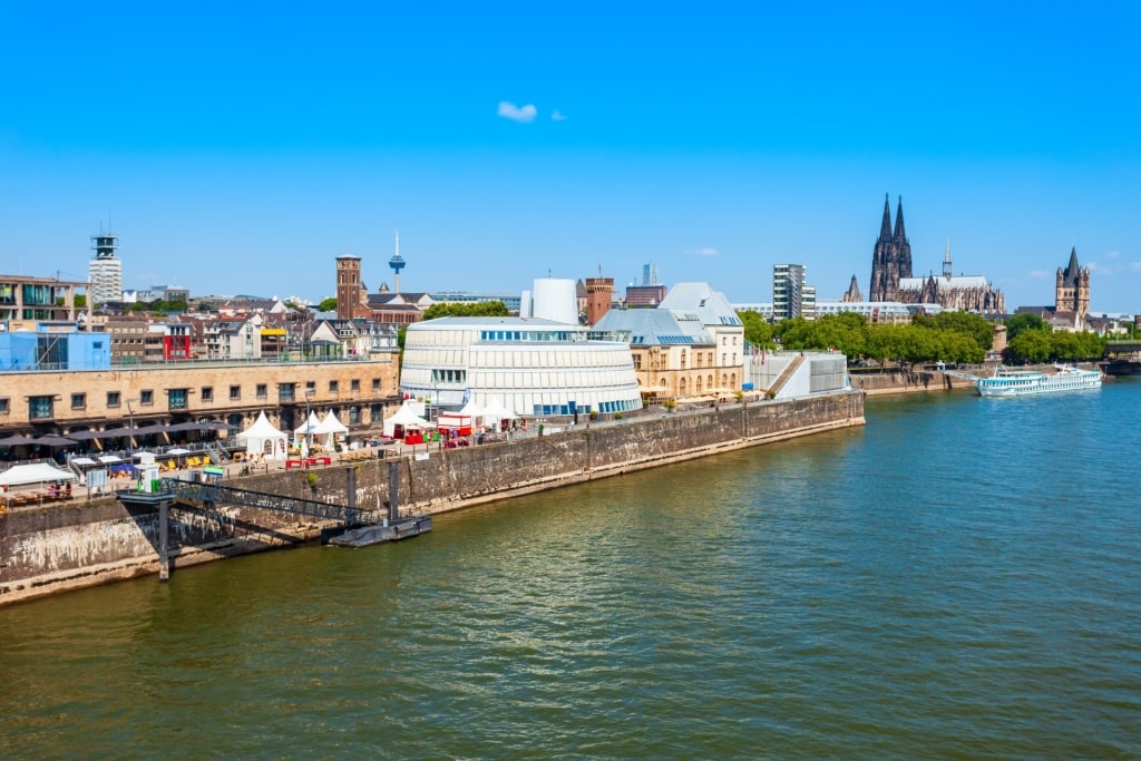 Exterior view of the Cologne Chocolate Museum beside the Rhine River