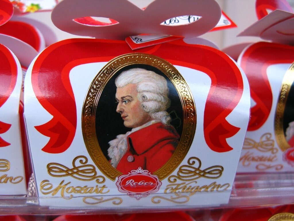 Box of Reber Mozart-Kugeln chocolates featuring Mozart’s portrait