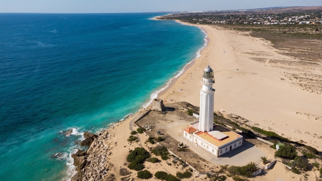 Aerial view of Caños de Meca beach and Trafalgar Lighthouse in Barbate