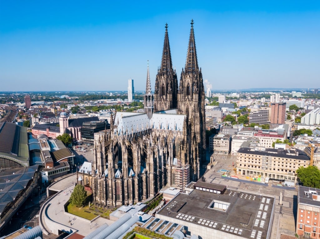 Aerial view of Cologne Cathedral towering over the city skyline in Germany