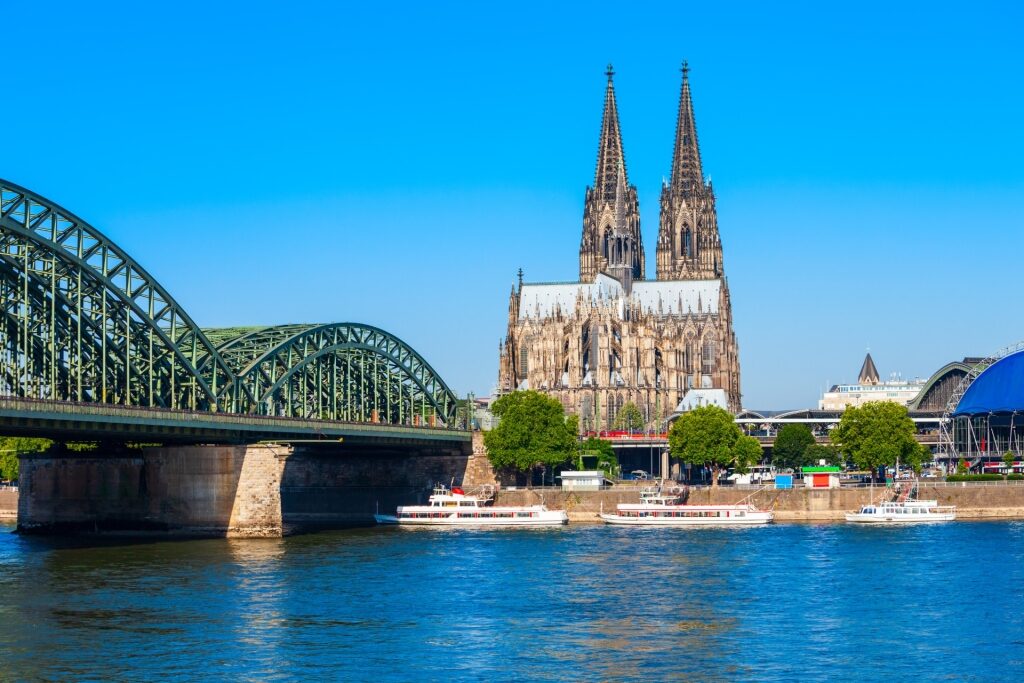Scenic view of Cologne cityscape with the Hohenzollern Bridge and the Cathedral