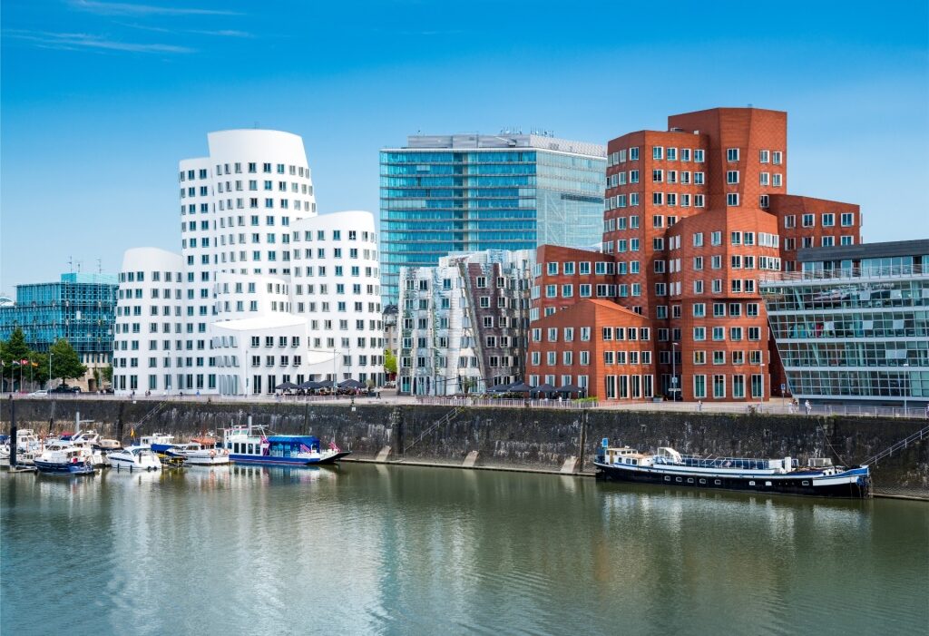 Scenic view of Düsseldorf’s Media Harbor with modern architecture