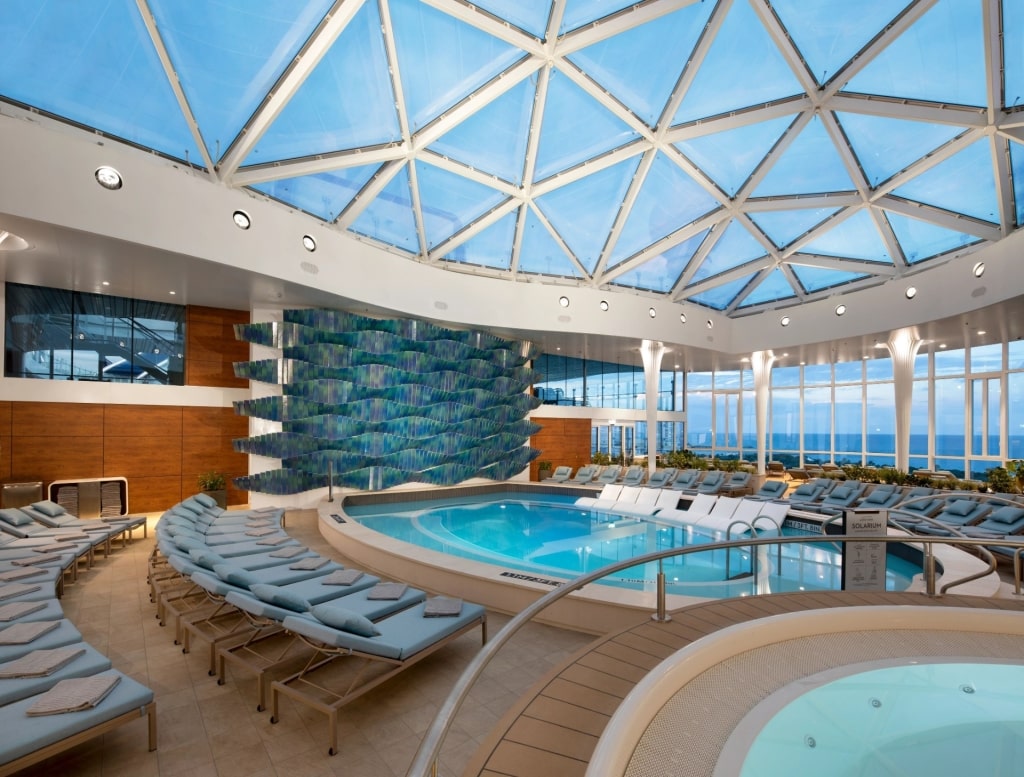 Peaceful indoor pool area at the Solarium on a Celebrity Cruise ship