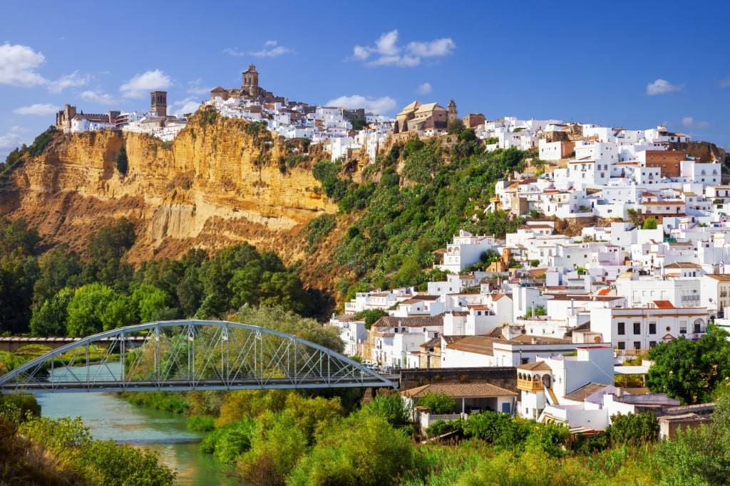 Scenic view of whitewashed hilltop town Arcos de la Frontera, Andalusia