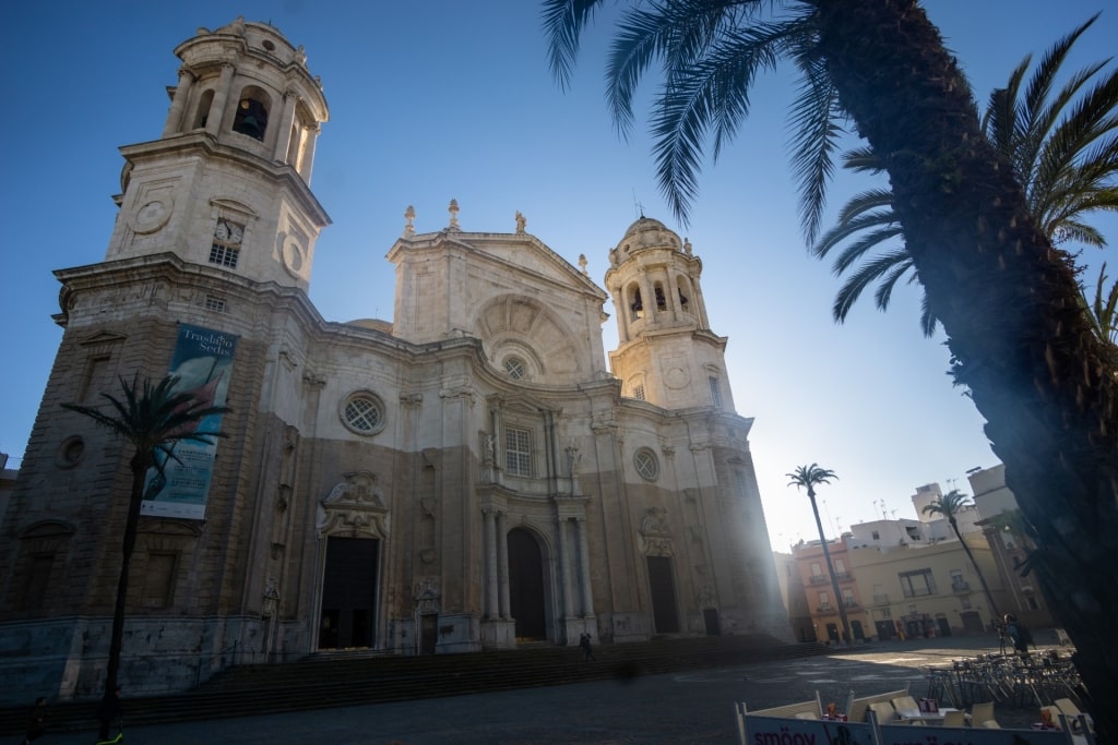 Facade of Cádiz Cathedral with baroque and neoclassical architecture in Andalusia