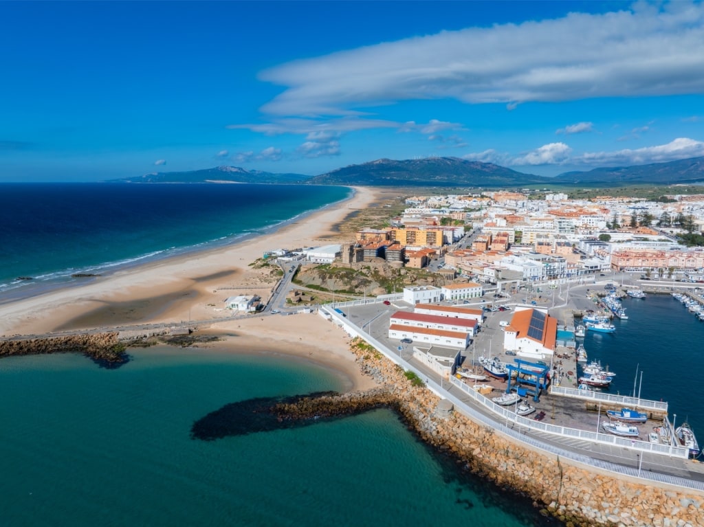 Aerial view of Tarifa town and coastline in southern Spain