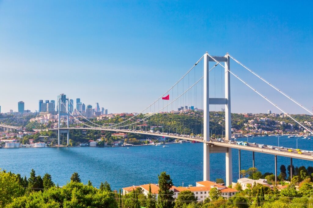 Scenic view of Bosphorus Bridge in Istanbul, Turkey with city skyline