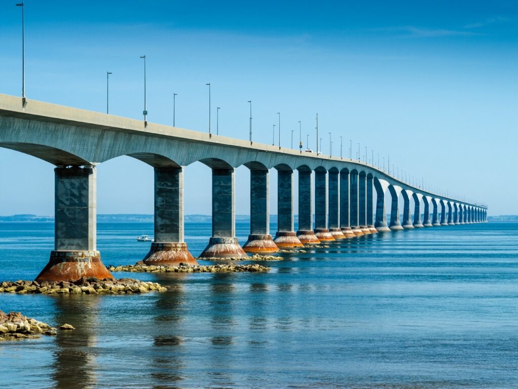 Scenic view of the Confederation Bridge connecting Prince Edward Island to mainland Canada