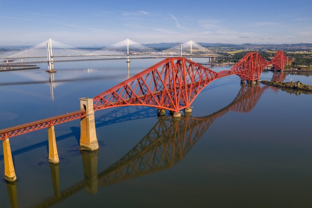 Aerial view of Forth Bridge in Scotland
