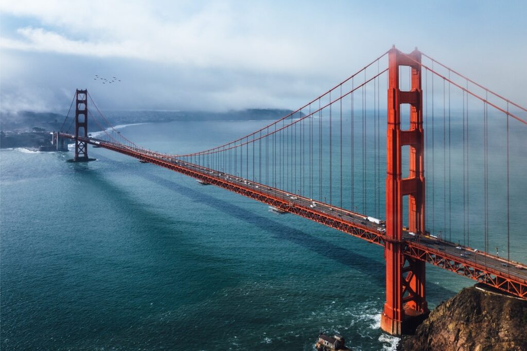 One of the famous bridges, Golden Gate Bridge in San Francisco, USA with foggy background