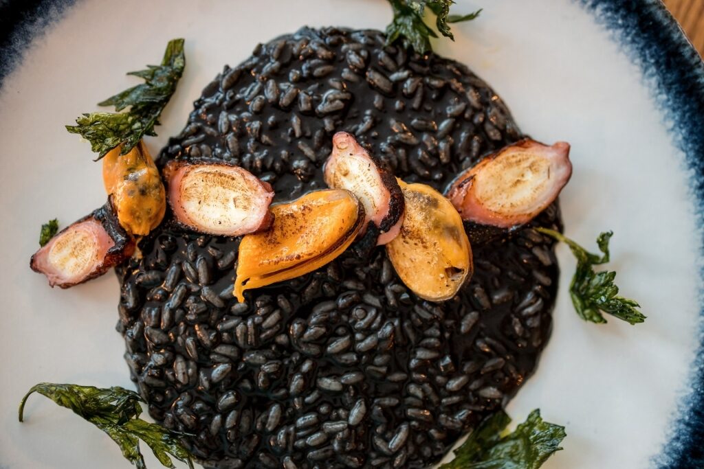 Seafood black risotto dish with squid ink in Montenegro