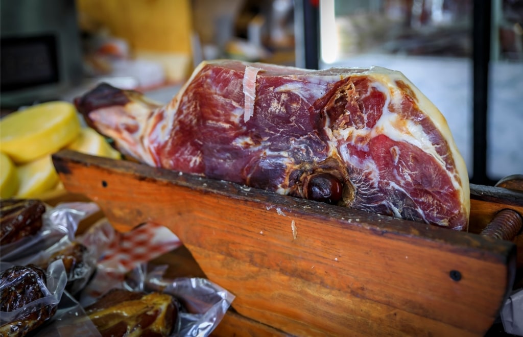 Traditional Njeguški Pršut dry-cured smoked ham from Montenegro