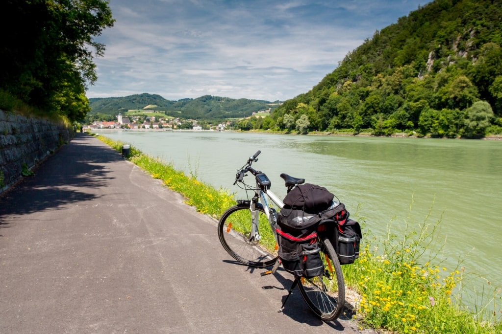 Bicycle parked along the Danube Cycle Path in Grein, Austria