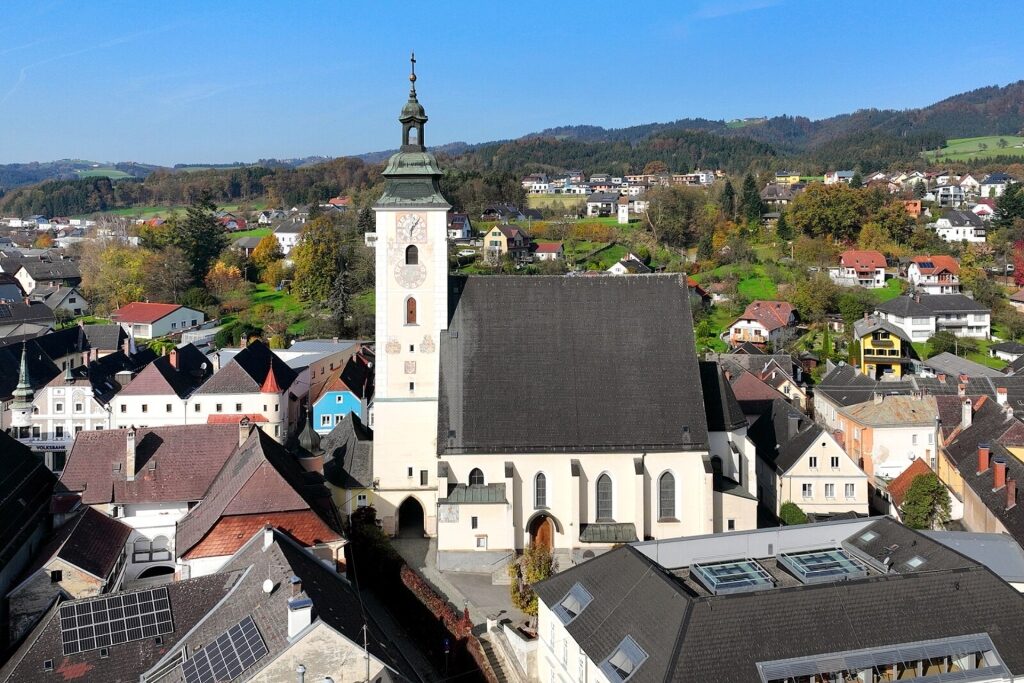Aerial view of St. Giles Church in Grein, Austria