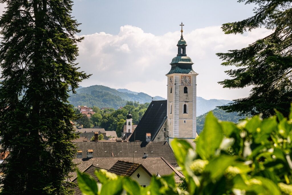Historic Church with its tall tower in Grein, Austria