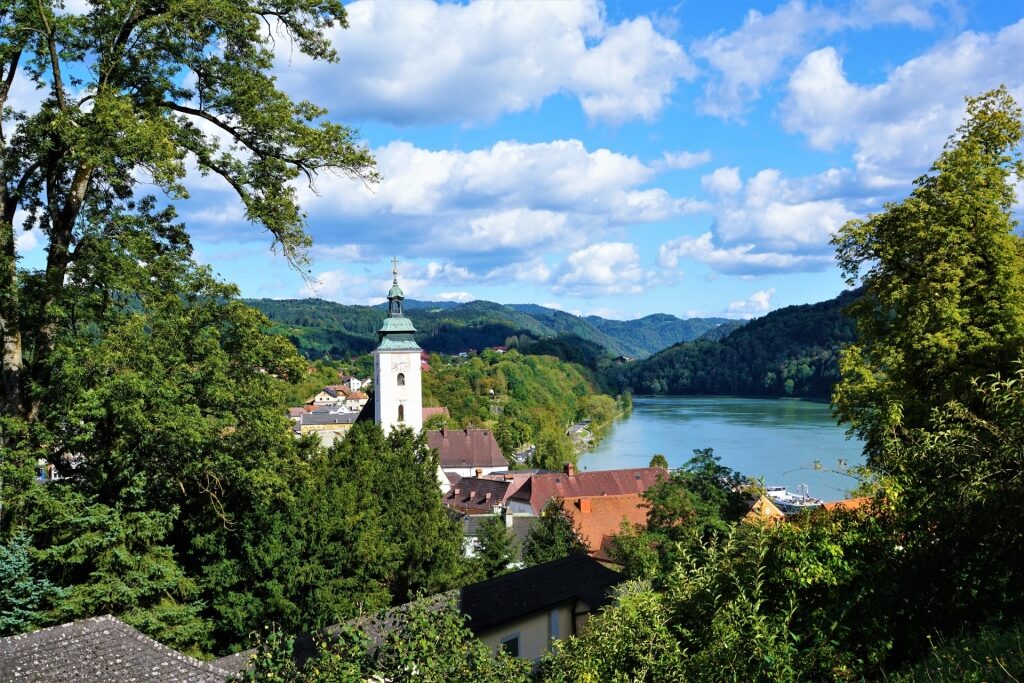 Scenic view of historic Grein Church with its tall tower