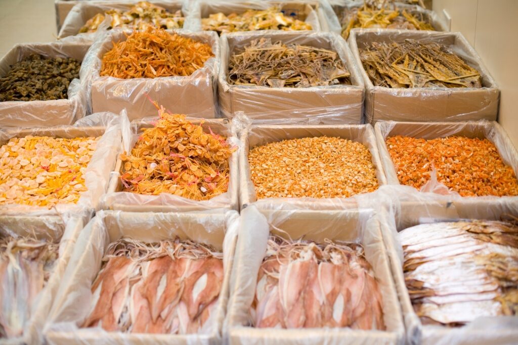 Dried seafood inside a market in Hong Kong