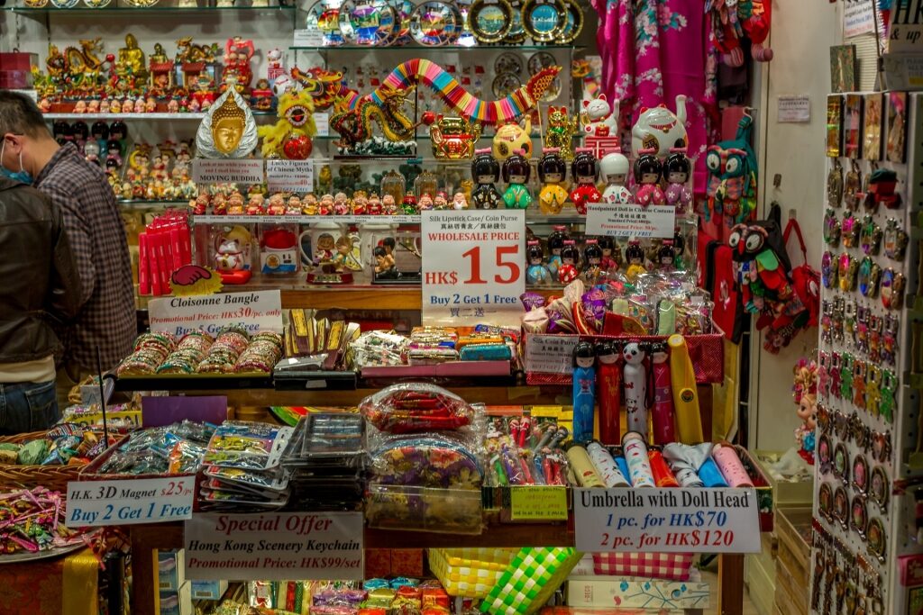 Souvenirs inside a market in Hong Kong