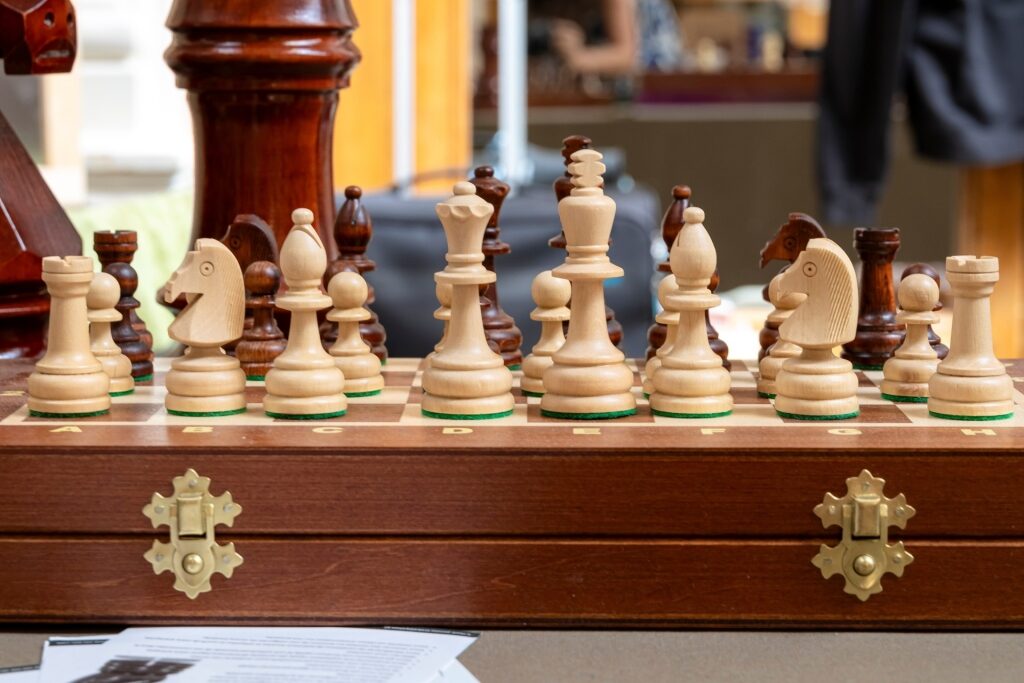 Wooden chess set inside a shop