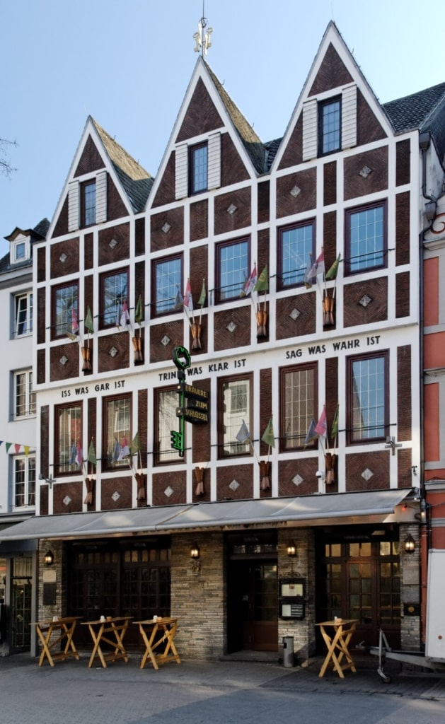 Historic façade of Zum Schlüssel brewery in Düsseldorf, Germany