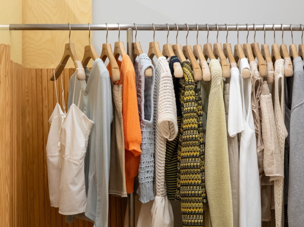 Fashion apparel showcased on racks at Dongdaemun Market, Seoul