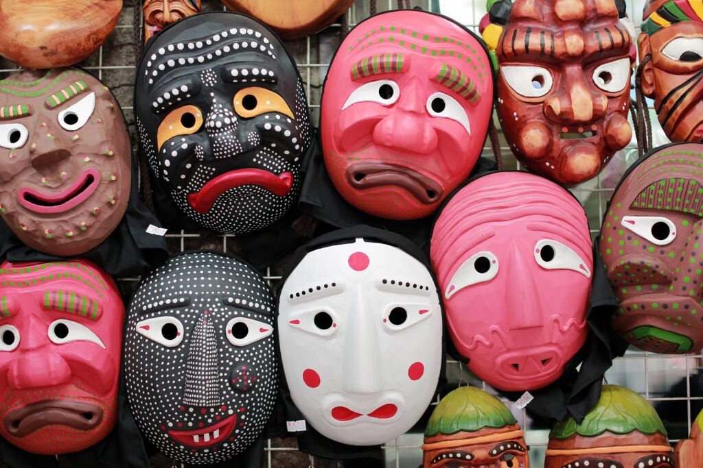 Traditional masks displayed as colorful cultural Korean souvenirs