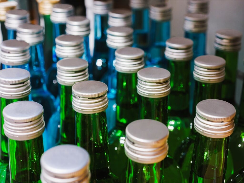 Green bottles of Korean Soju, a popular distilled alcoholic beverage