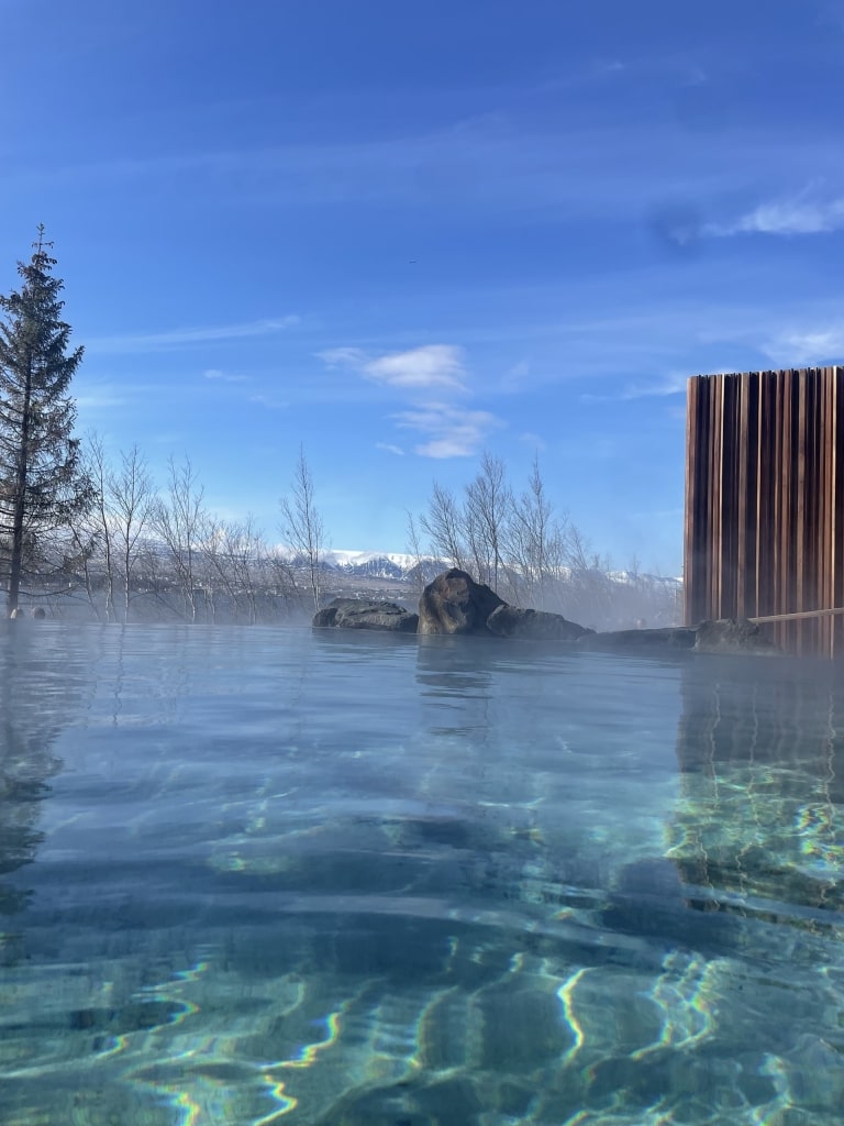 Close-up view of the pool at Forest Lagoon geothermal baths in Iceland