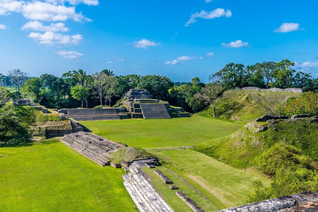 Ancient stone pyramids at Altun Ha Mayan Ruins in Belize