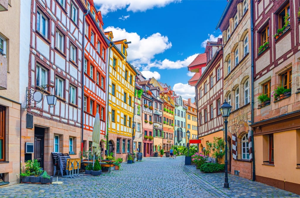 Street view of Weißgerbergasse in Old Town Nuremberg, Germany