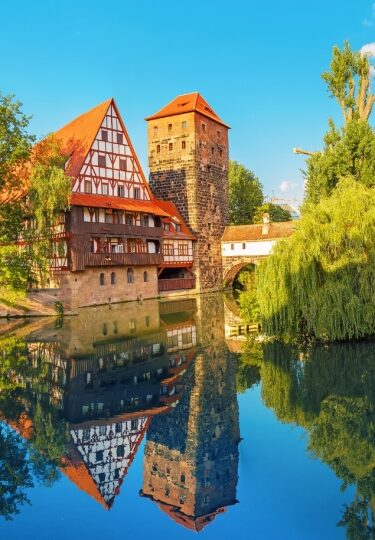 Scenic view of a bridge over the river in Old Town Nuremberg, Germany