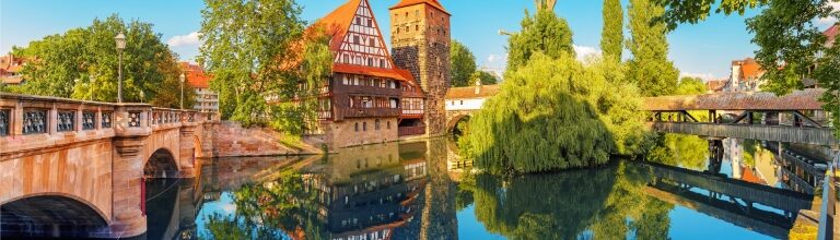 Scenic view of a bridge over the river in Old Town Nuremberg, Germany