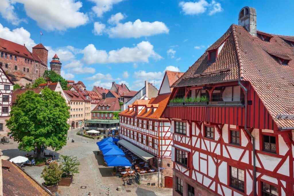 View of Old Town square in Nuremberg with historic buildings