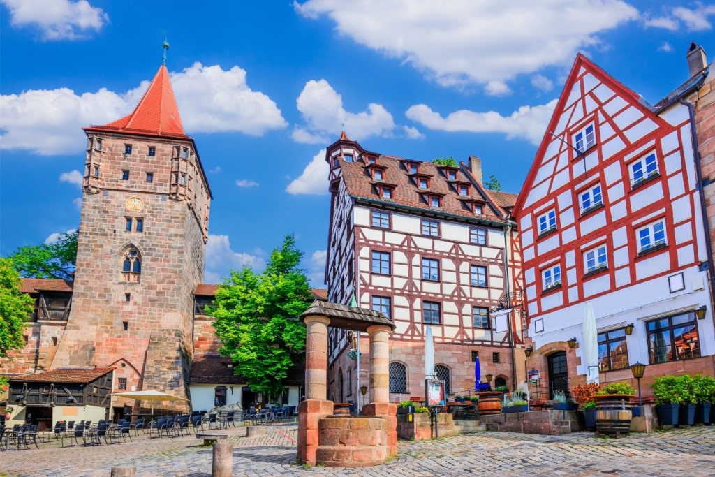 Scenic view of a square in Nuremberg’s old town with historic buildings