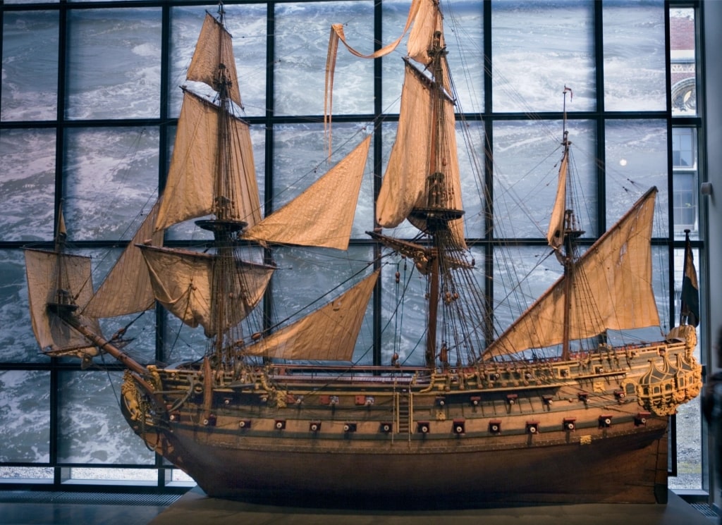 Exhibit of a traditional Dutch ship model at Rijksmuseum