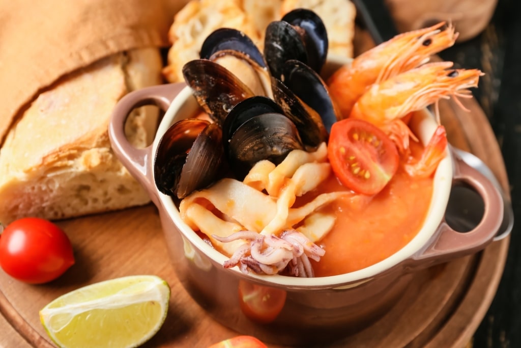 Bowl of cacciucco, a hearty Italian seafood stew