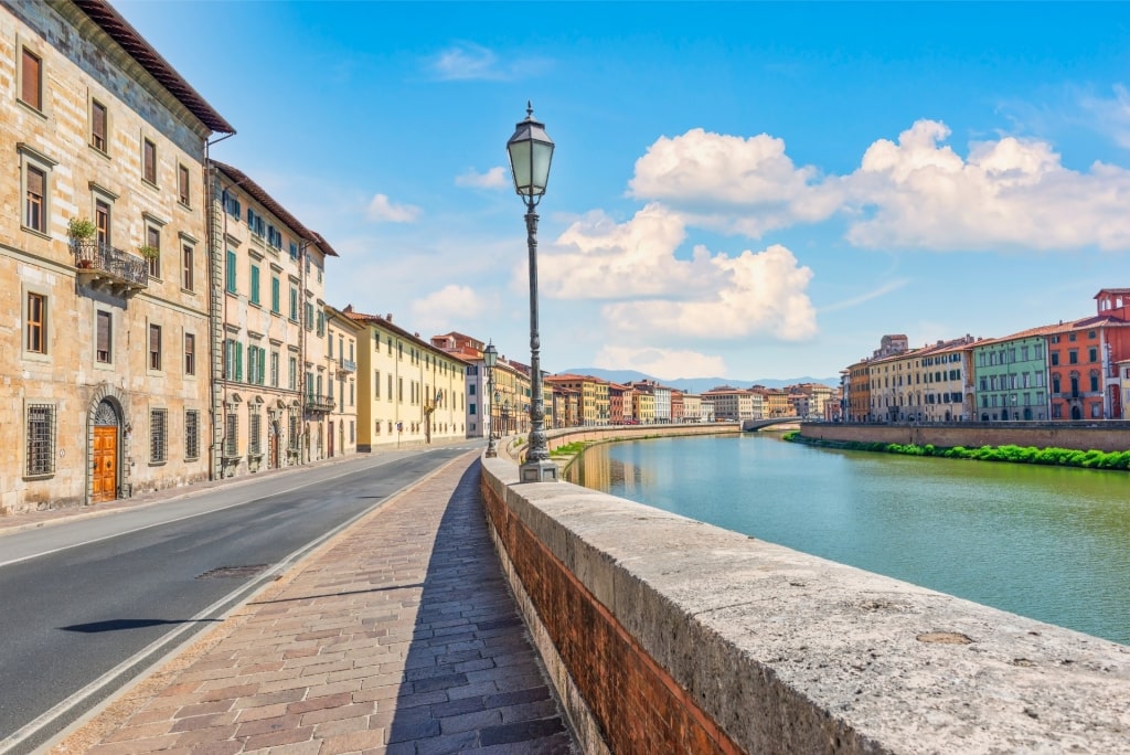 Scenic view of the Arno River flowing through Pisa, Italy