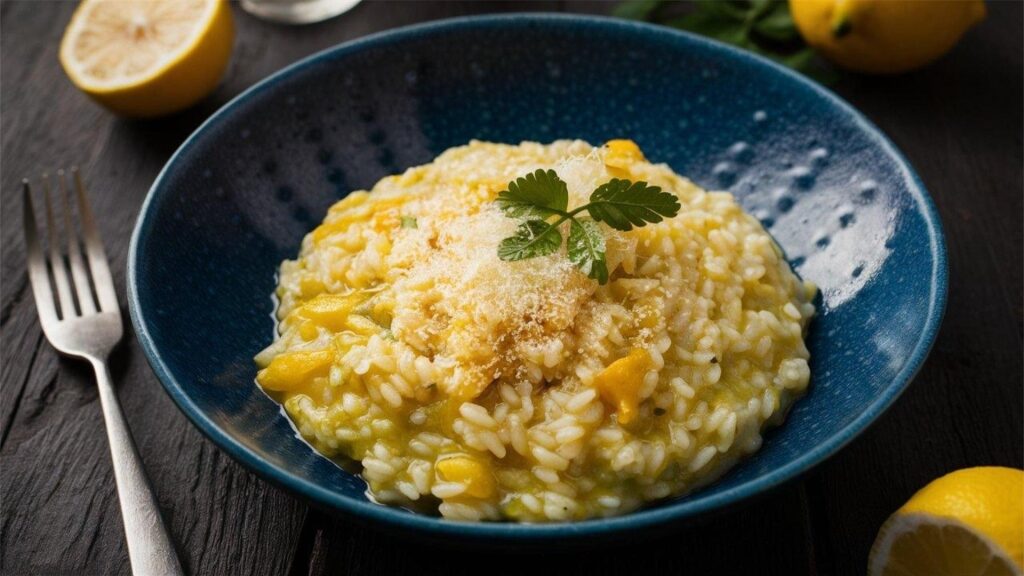 Plate of creamy risotto al limone garnished with lemon zest and fresh herbs