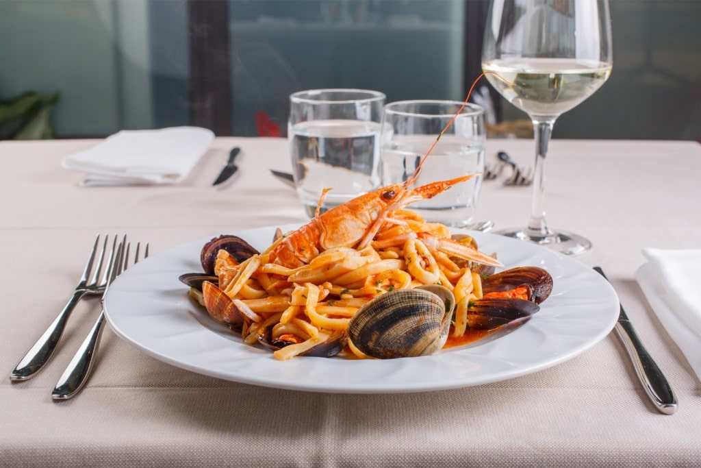 Plate of scialatielli allo scoglio with mixed seafood