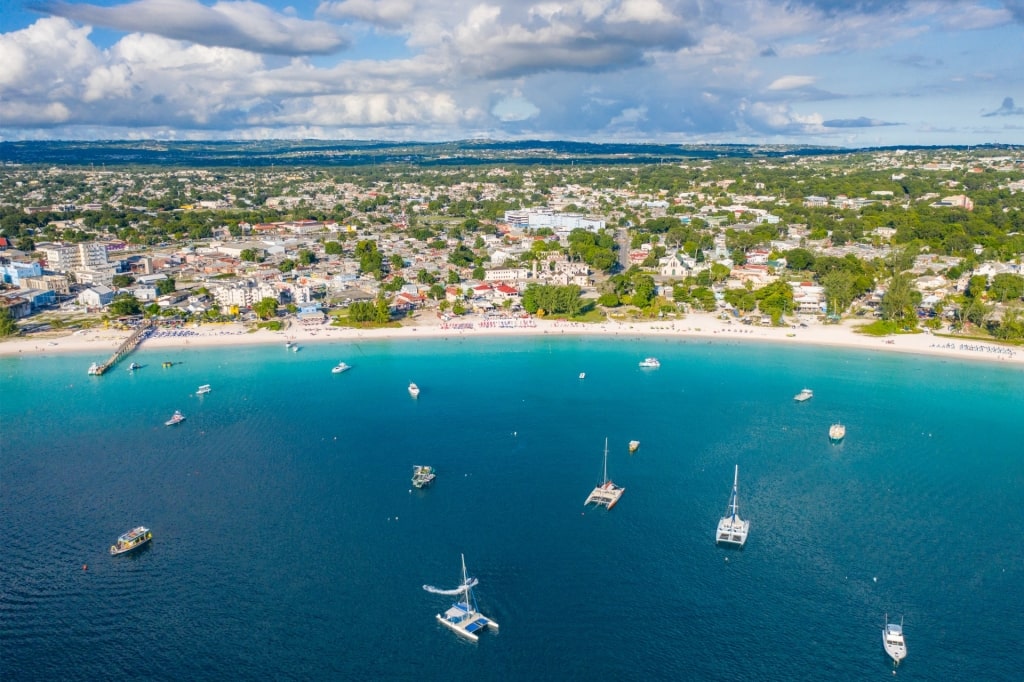 Aerial view of Carlisle Bay in Barbados with turquoise waters and sandy shoreline
