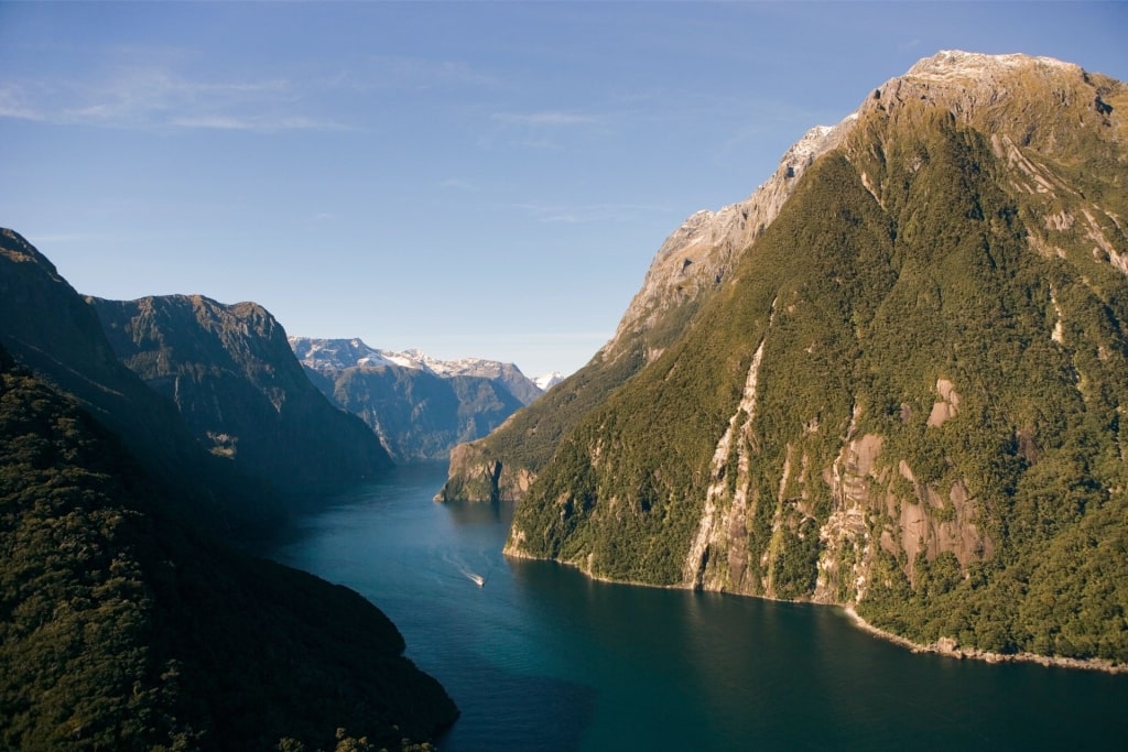 Scenic view of fjords and mountains in Fiordland, New Zealand