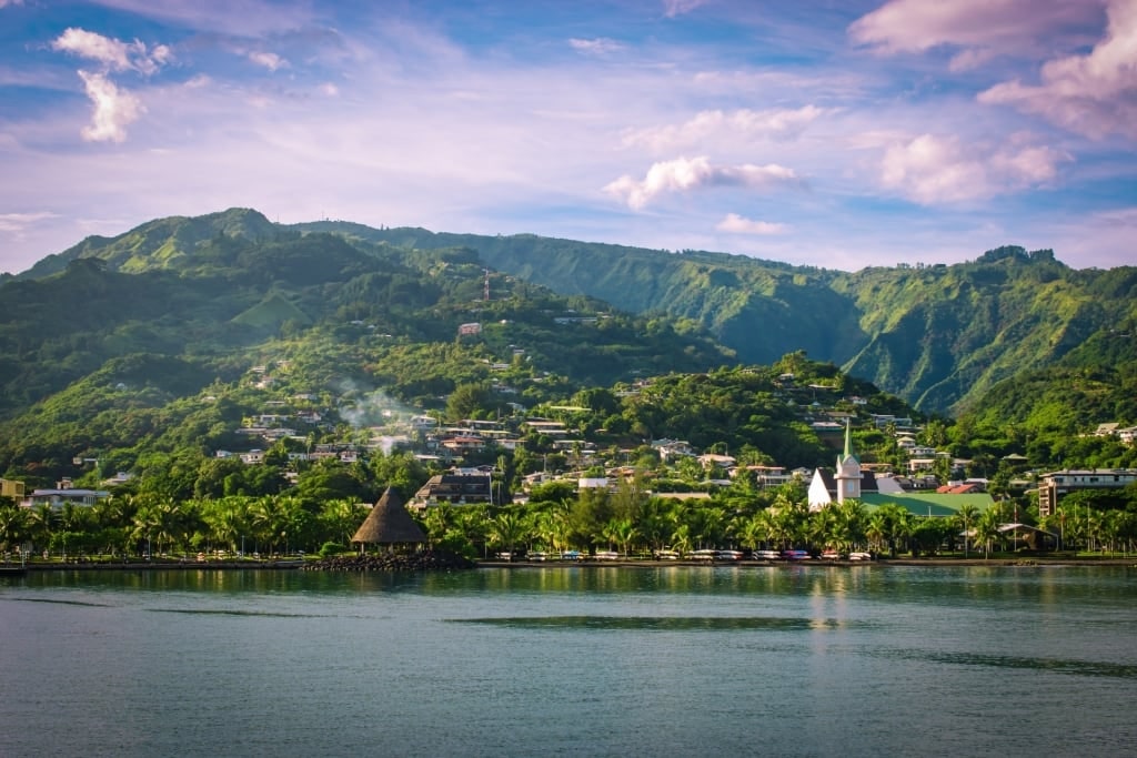 Papeete city view with tropical mountains in the background in Tahiti