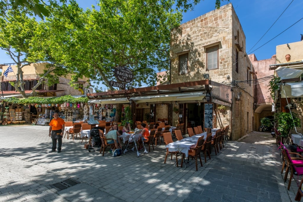 Street view of restaurants in Old Town, Rhodes