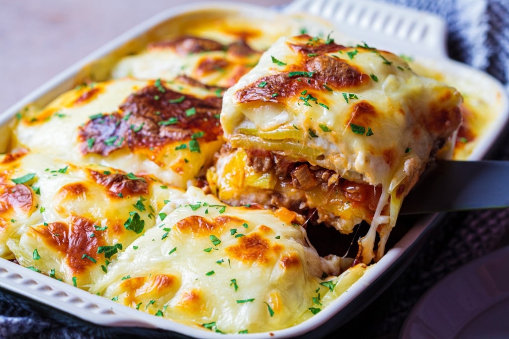 Freshly baked moussaka in a casserole