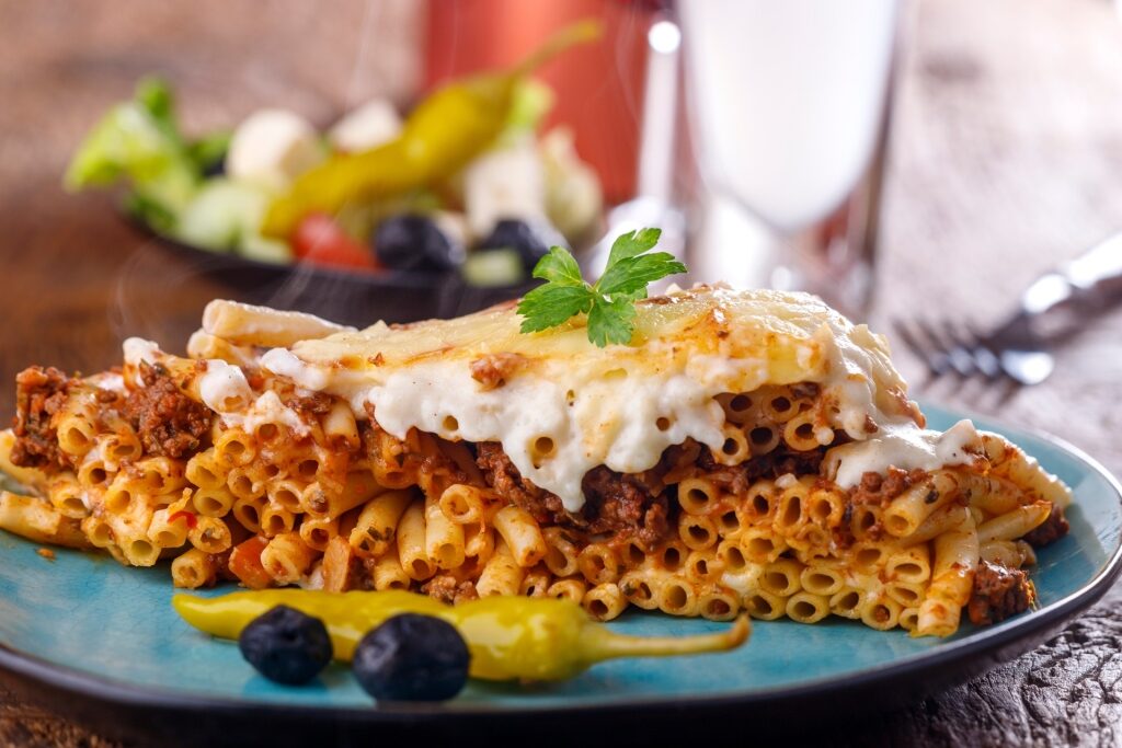 Slice of pastitsio on a plate