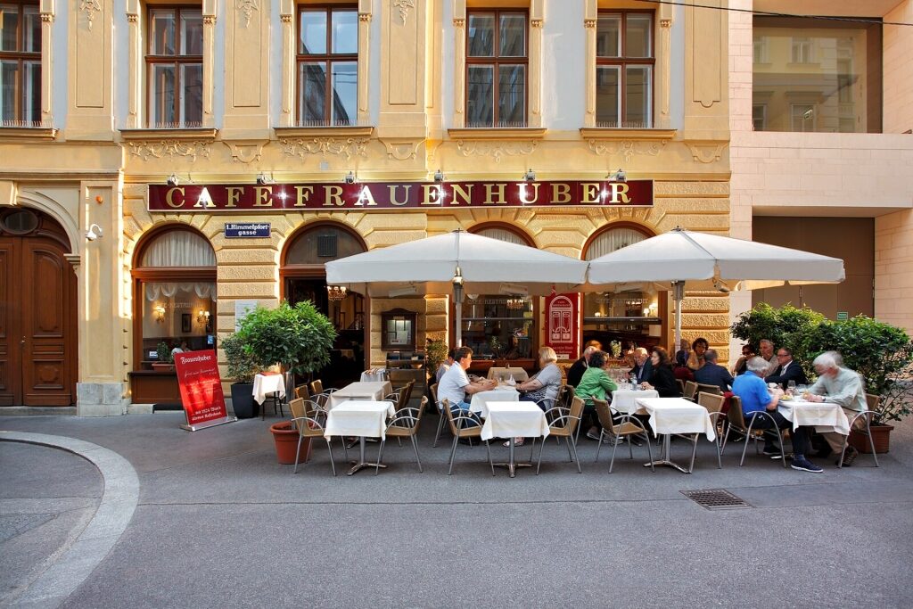 Street view of Café Frauenhuber entrance in Vienna